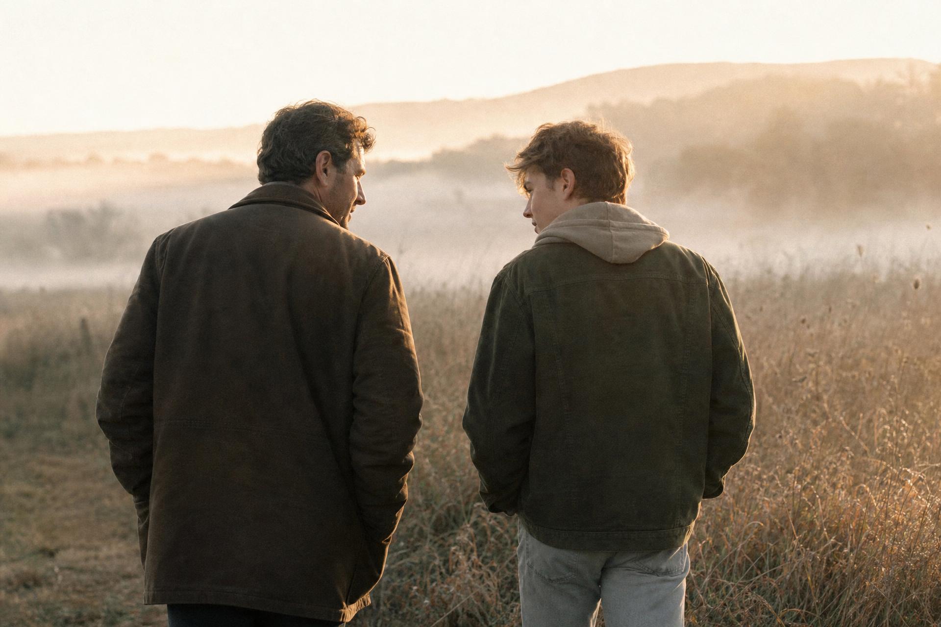 A father and his teenage son walking together through a misty field at sunrise.